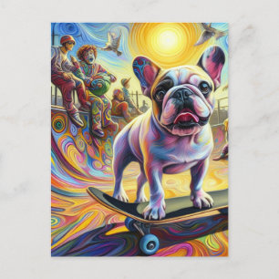 Adorable Surreal French Bulldog Skateboarding Postcard