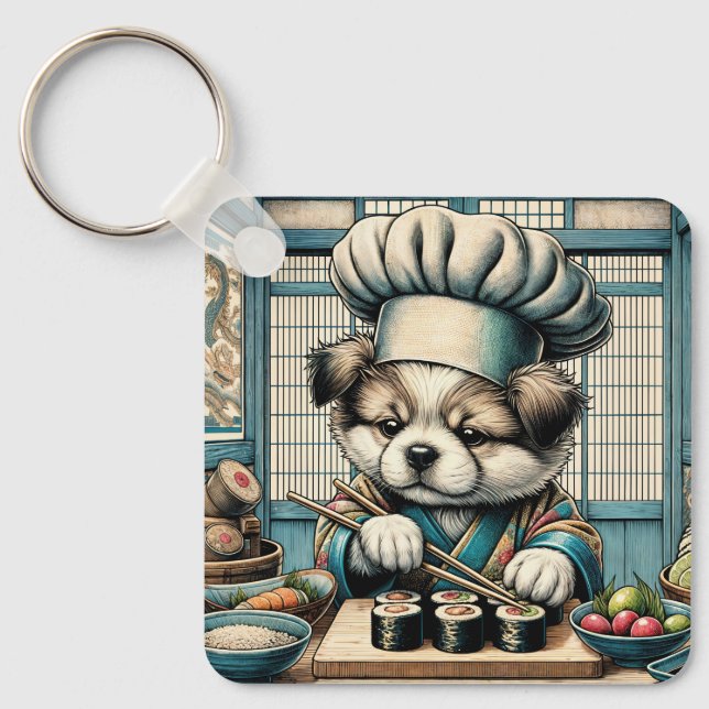 Adorable Sushi Chef Puppy Keychain (Front)