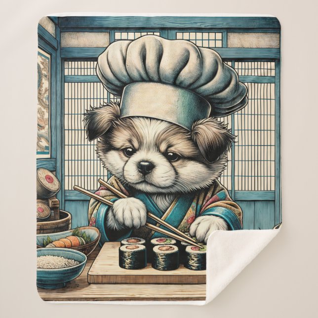 Adorable Sushi Chef Puppy Sherpa Blanket (Front)