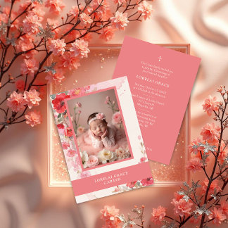 Adorable Sweet Colorful Coral Floral Photo Baptism Invitation