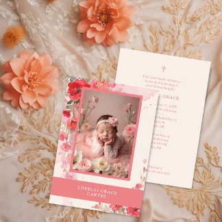 Adorable Sweet Pastel Coral Floral Photo Baptism  Invitation
