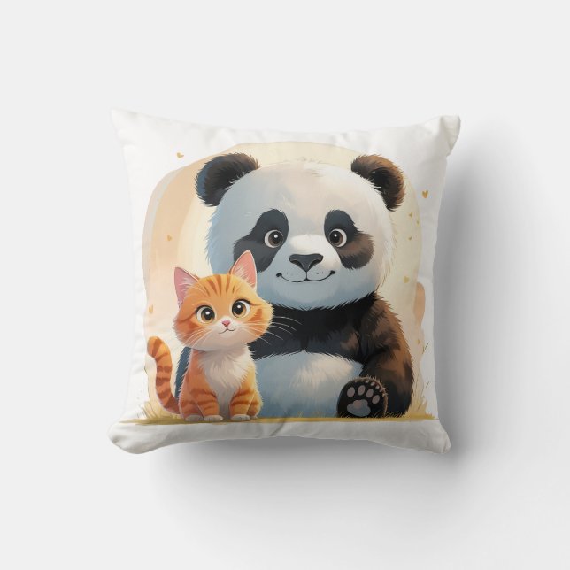 Adorable Tabby Cat & Giant Panda - Playful Friends Throw Pillow (Front)