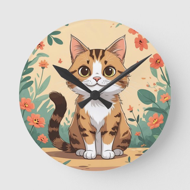 Adorable Tabby Cat in Blossom Garden 8" Round Acry Round Clock (Front)