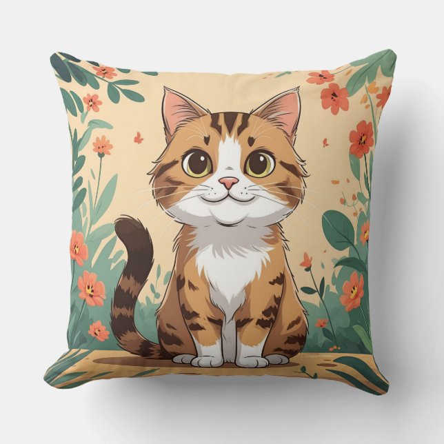 Adorable Tabby Cat in Blossom Garden Throw Pillow (Front)