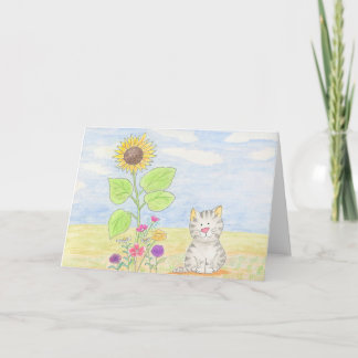 Adorable tabby kitten sunflower watercolor card