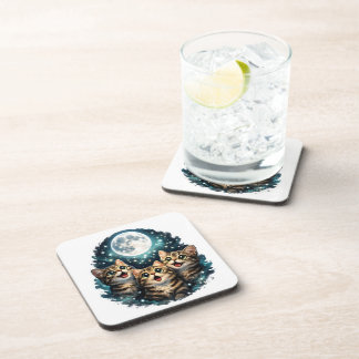 Adorable Tabby Kittens & Full Moon Sparkle Plastic Coaster