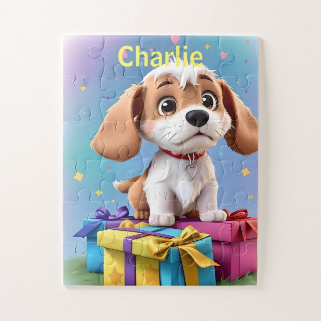 Adorable Tan & White Puppy with Colourful Gifts Jigsaw Puzzle (Vertical)