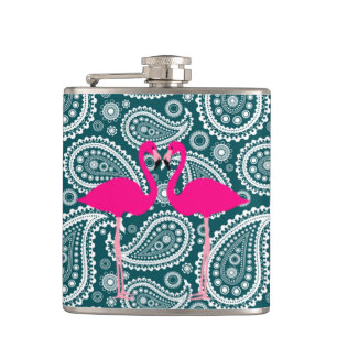 Adorable Teal Blue and White Paisley-Flamingos Hip Flask