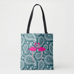 Adorable Teal Blue White Paisley-Pink Flamingos Tote Bag
