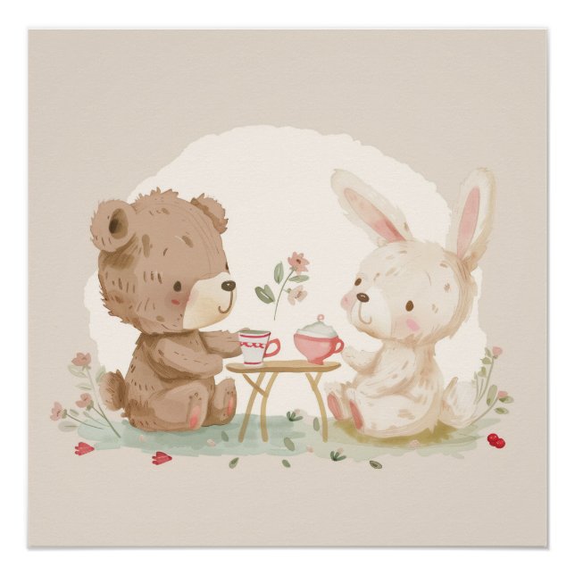 Adorable Teddy Bear and Bunny Having Tea - AI Art  Poster (Front)