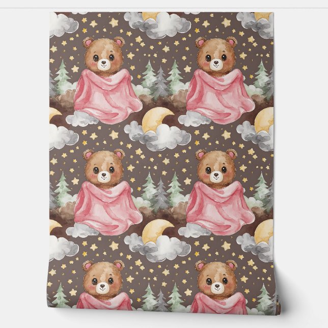Adorable Teddy Bear and Clouds Nursery Wallpaper (Unrolling)