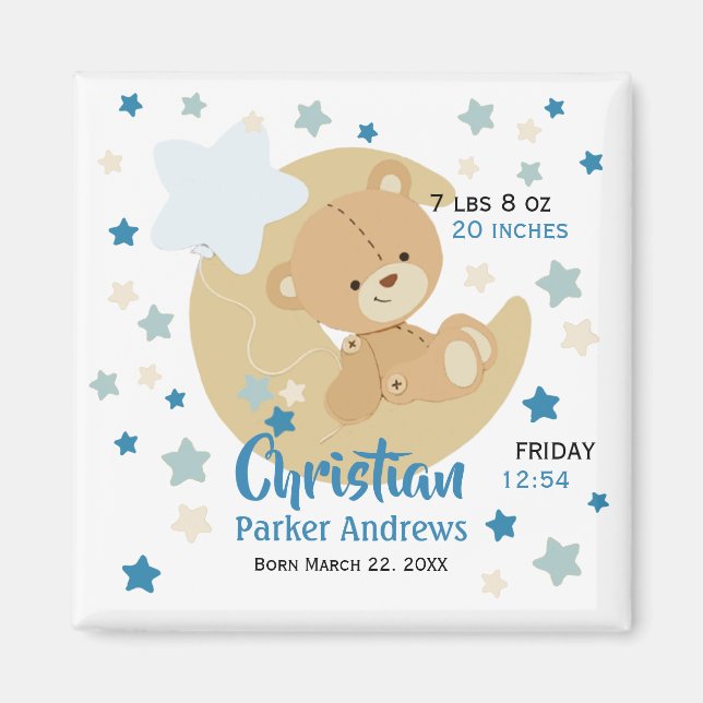 Adorable Teddy Bear Baby Boy Birth Stats Magnet (Front)