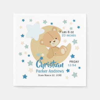 Adorable Teddy Bear Baby Boy Birth Stats Napkin