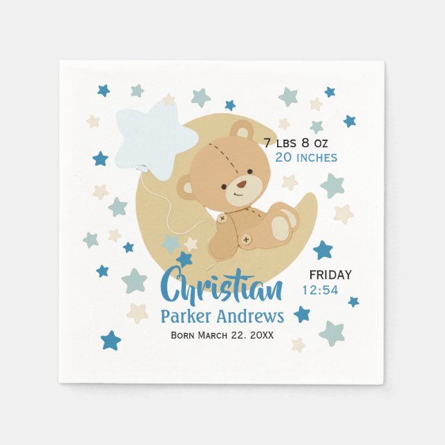 Adorable Teddy Bear Baby Boy Birth Stats Napkin (Front)
