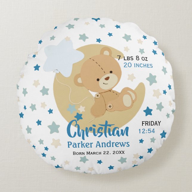 Adorable Teddy Bear Baby Boy Birth Stats Round Pillow (Front)