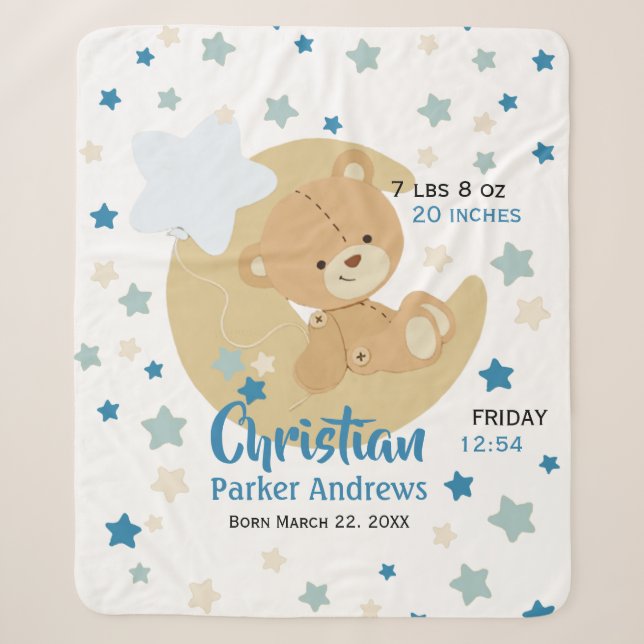 Adorable Teddy Bear Baby Boy Birth Stats Sherpa Blanket (Front)