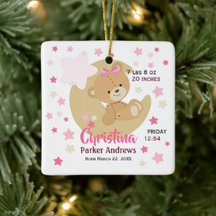 Adorable Teddy Bear Baby Girl Birth Stats Ceramic Ornament