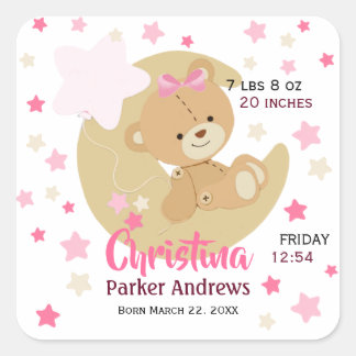 Adorable Teddy Bear Baby Girl Birth Stats Square Sticker