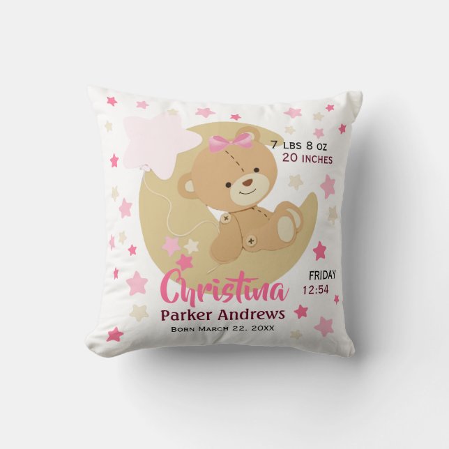 Adorable Teddy Bear Baby Girl Birth Stats Throw Pillow (Front)