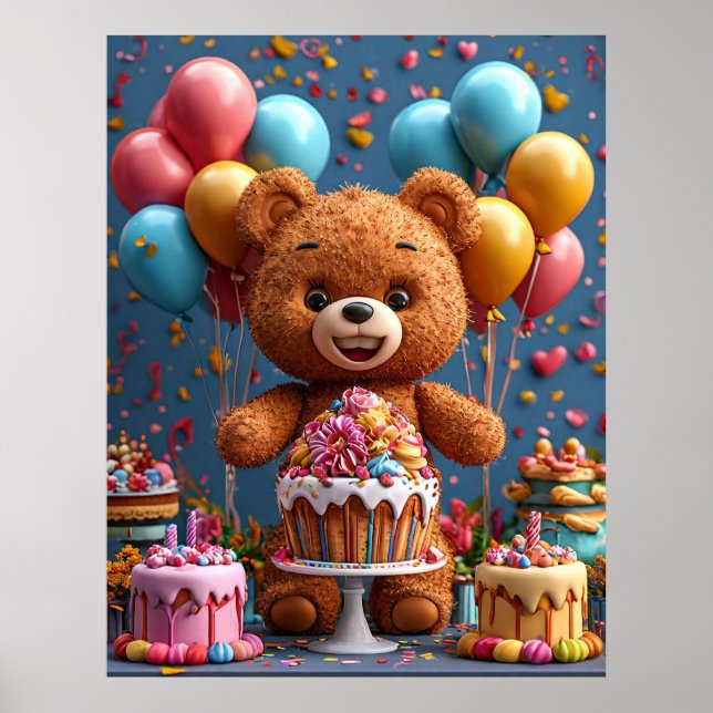 Adorable Teddy Bear Birthday Celebration With Cake Poster (Front)