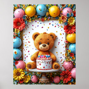 Adorable teddy bear birthday celebration with cake poster