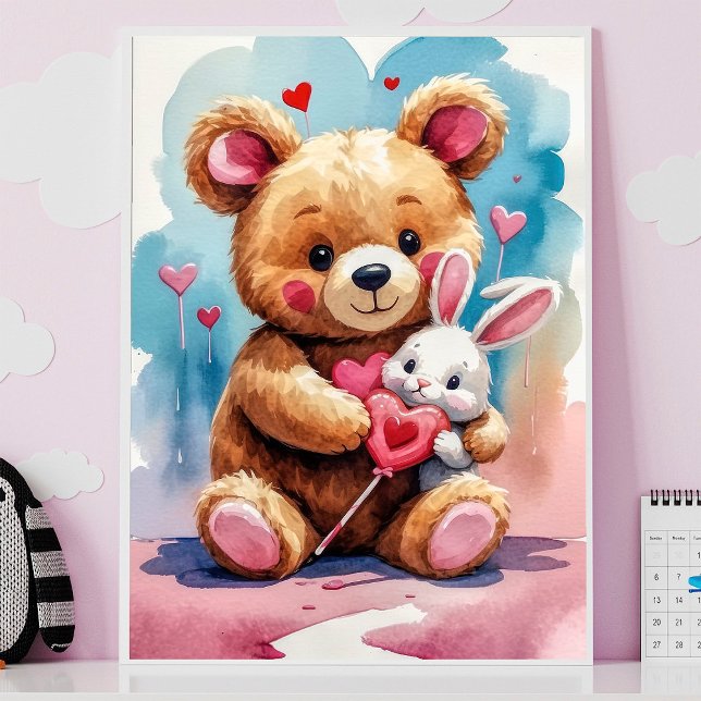 Adorable Teddy Bear Hugging Bunny with Hearts Poster (Creator Uploaded)