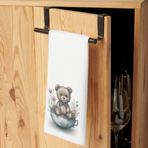 Adorable Teddy Bear in a Teacup with Flowers Kitchen Towel