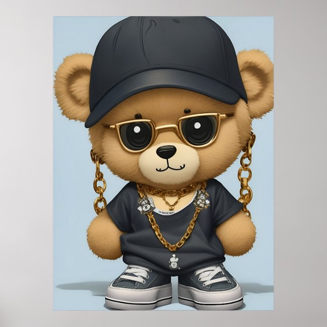 Adorable Teddy Bear in Hip Hop Style AI Art  Poster (Front)