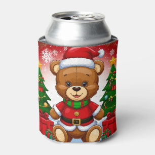 Adorable Teddy Bear in Santa Suit Can Cooler