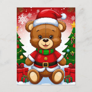 Adorable Teddy Bear in Santa Suit Holiday Postcard