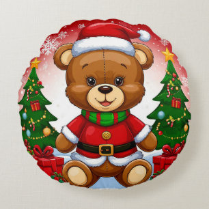 Adorable Teddy Bear in Santa Suit Round Pillow