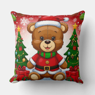 Adorable Teddy Bear in Santa Suit Throw Pillow