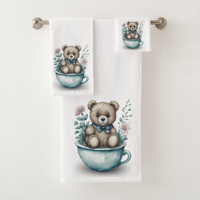Adorable Teddy Bear in Teacup with Flowers Bath Towel Set (Insitu)