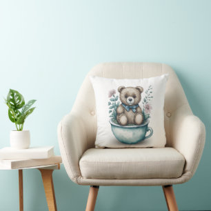 Adorable Teddy Bear in Teacup with Flowers Throw Pillow