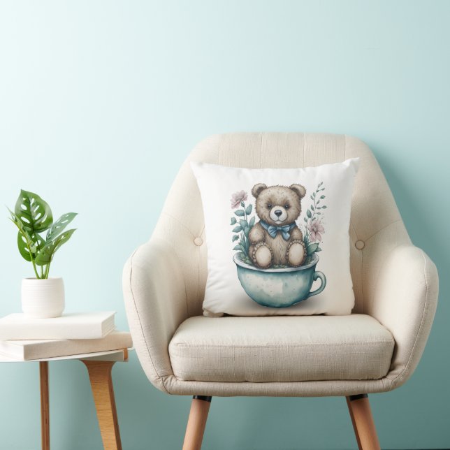Adorable Teddy Bear in Teacup with Flowers Throw Pillow (Chair)
