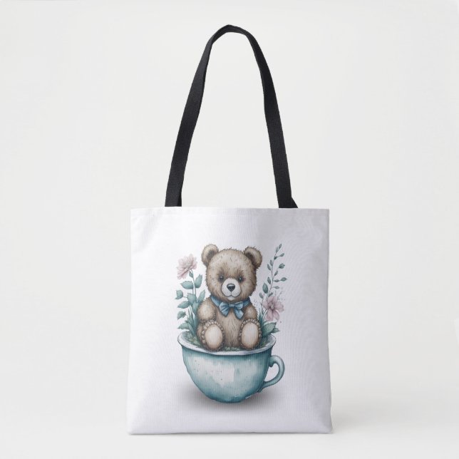 Adorable Teddy Bear in Teacup with Flowers Tote Bag (Front)