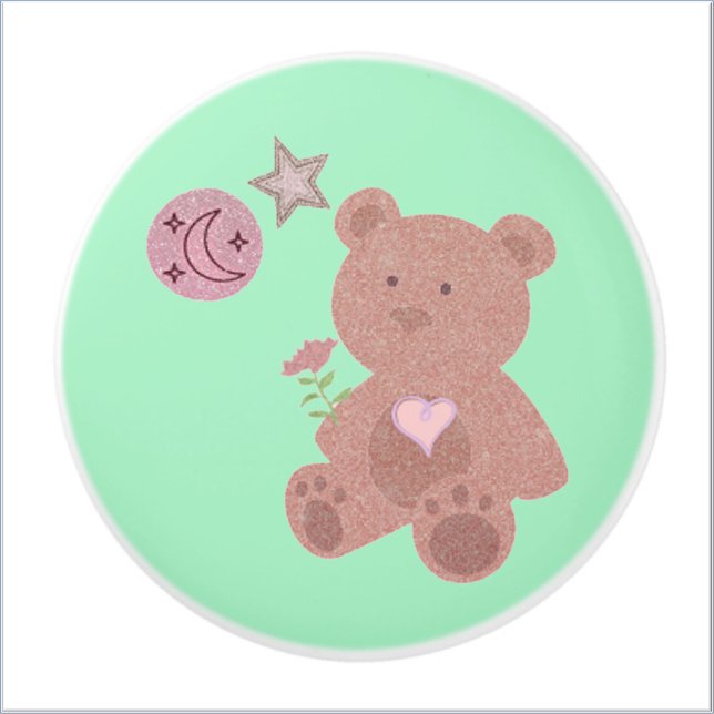 Adorable Teddy Bear Moon & Stars in Green Ceramic Knob (Creator Uploaded)