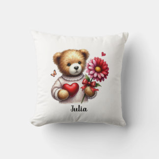 Adorable Teddy Bear Name Valentines Day  Throw Pillow