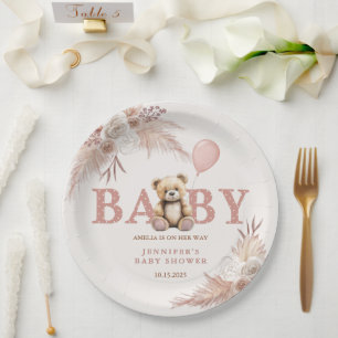 Adorable Teddy Bear Pink Boho Floral Girl Paper Plate
