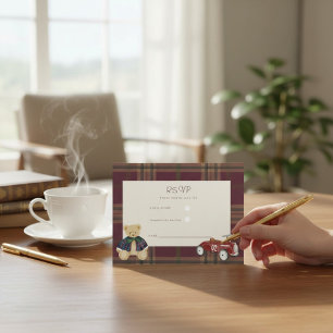 Adorable Teddy Bear Plaid Toy Car Watercolor Baby  RSVP Card