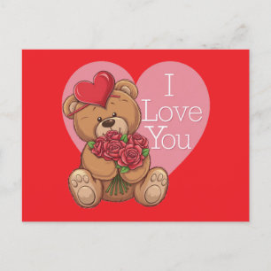 Adorable Teddy Bear Roses with 'I Love You' heart Holiday Postcard