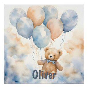 Adorable Teddy Bear with Balloons Watercolor  Poster