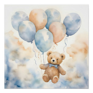 Adorable Teddy Bear with Balloons Watercolor Poster