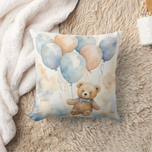 Adorable Teddy Bear with Balloons Watercolor  Throw Pillow