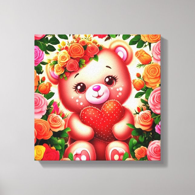 Adorable Teddy Bear with Roses and Heart Canvas Print (Front)