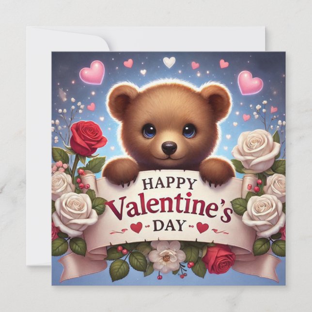Adorable Teddy Bear with Roses Holiday Card (Front)