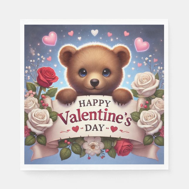 Adorable Teddy Bear with Roses Napkin (Front)