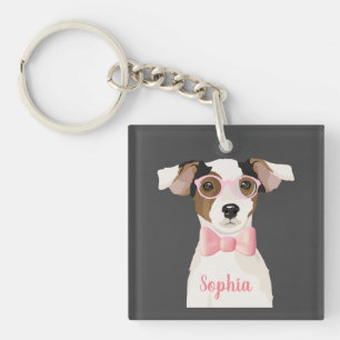 Adorable Terrier dog with glasses and bow tie, Keychain