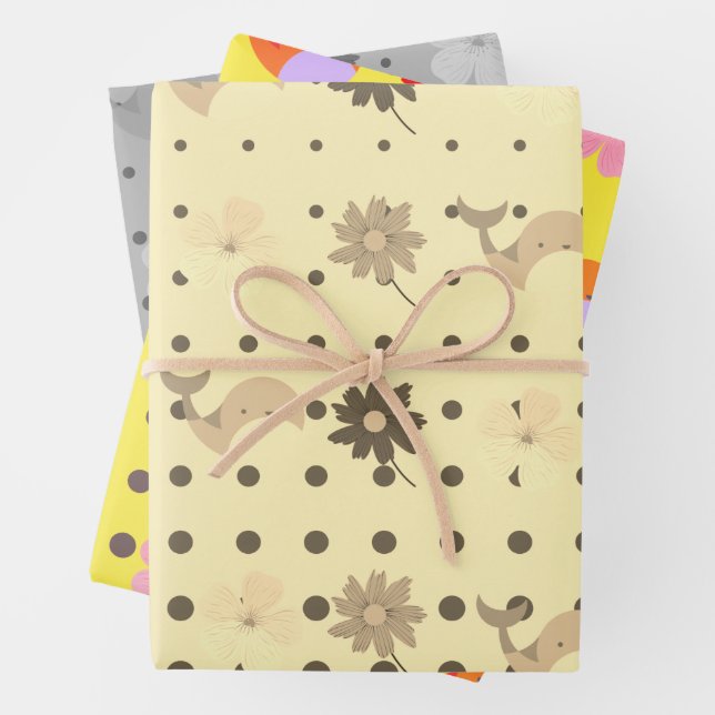 Adorable three colours animals and flowers party wrapping paper sheet (In situ)