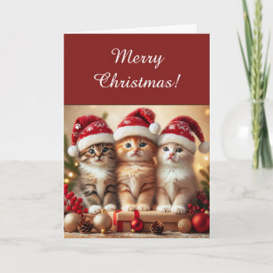 Adorable Three Cute Kittens in Santa Hats Pet Love Holiday Card